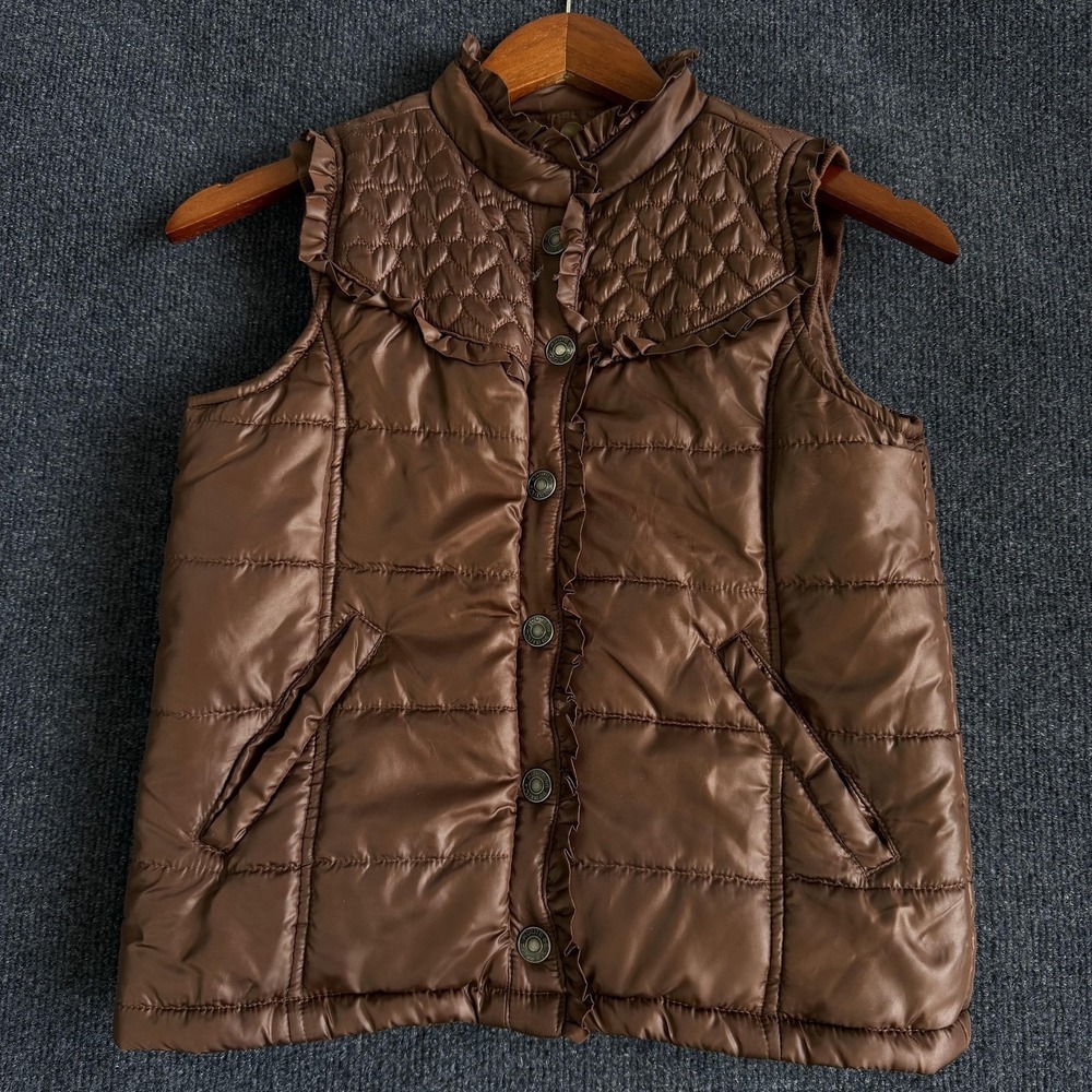 Y2K Route 66 Vest Girls 7/8 Brown Puffer Quilted Ruffle Snap Front Fall Winter